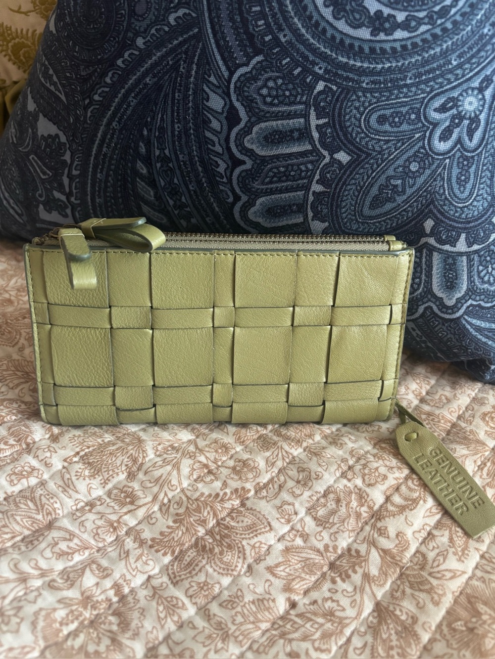 Genuine Leather Olive Moss Green Woven Bi-Fold Continental Wallet